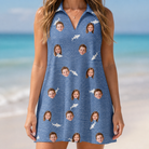 Model wearing Women's Mako Minnows Custom Face V-Neck Dress printed with kids' faces