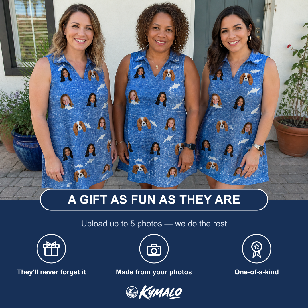 Friends in matching Women's Mako Minnows Custom Face V-Neck Dress — a group gift photo