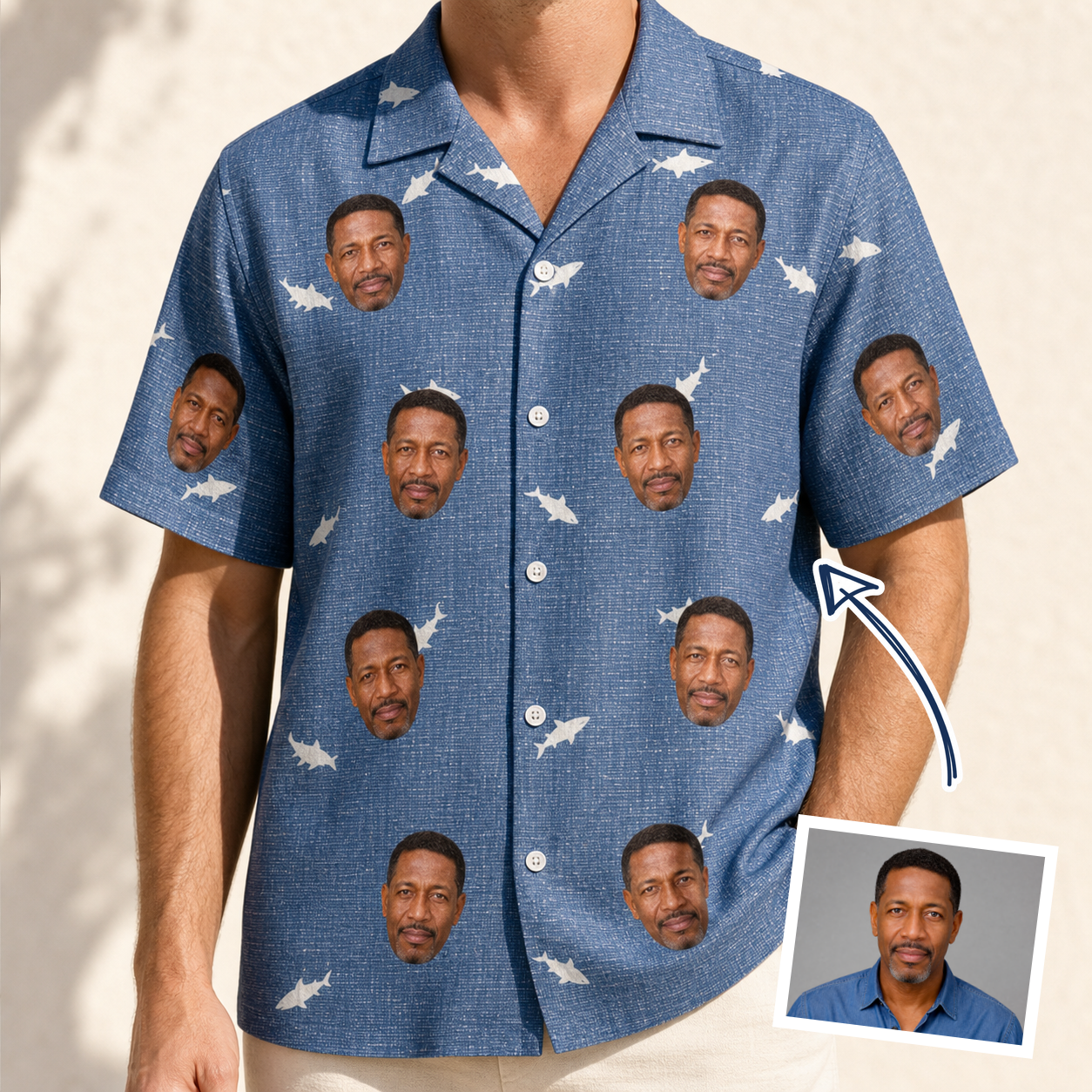 Man wearing Men's Mako Minnows Custom Face Hawaiian Shirt — custom faces printed all-over