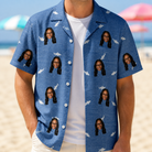 Man wearing Men's Mako Minnows Custom Face Hawaiian Shirt open over a white tee