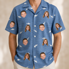 Model wearing Men's Mako Minnows Custom Face Hawaiian Shirt printed with kids' faces