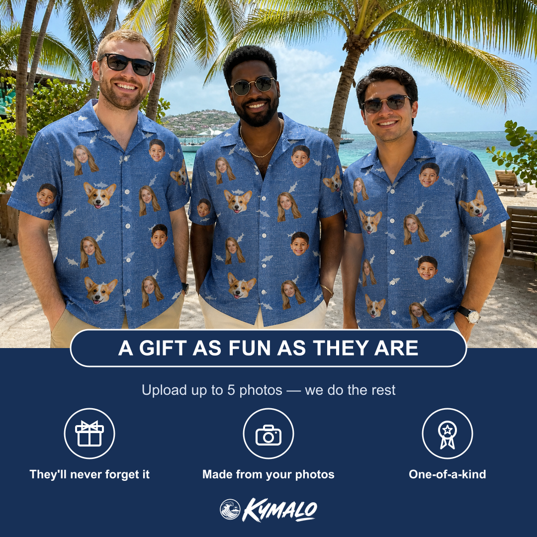 Friends in matching Men's Mako Minnows Custom Face Hawaiian Shirt — a group gift photo