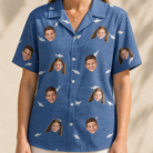 Model wearing Women's Mako Minnows Custom Face Hawaiian Shirt printed with kids' faces
