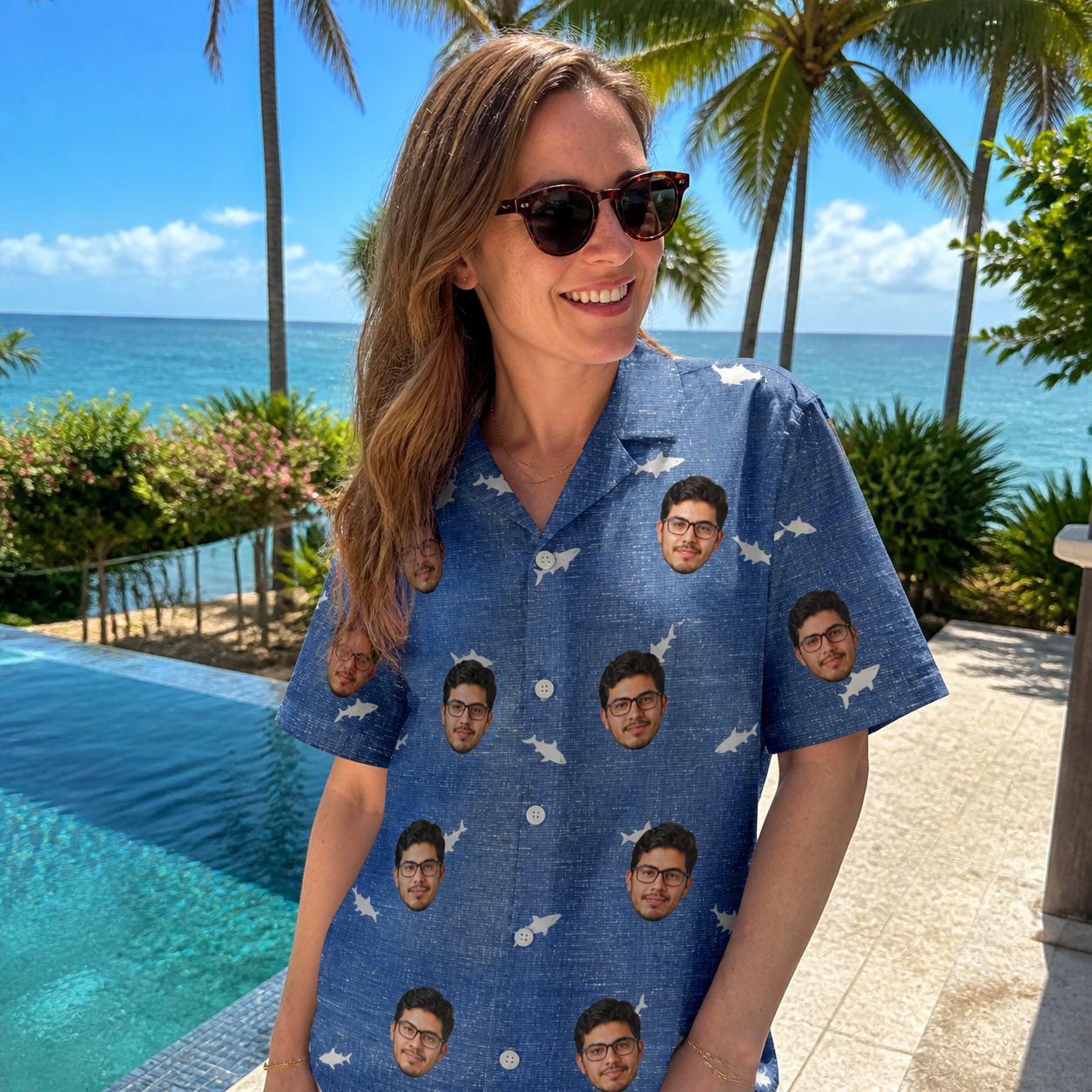 Real-life photo of someone wearing Women's Mako Minnows Custom Face Hawaiian Shirt — custom faces printed all-over