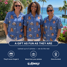 Friends in matching Women's Mako Minnows Custom Face Hawaiian Shirt — a group gift photo