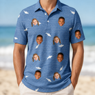 Model wearing Men's Mako Minnows Custom Face Polo Shirt printed with kids' faces
