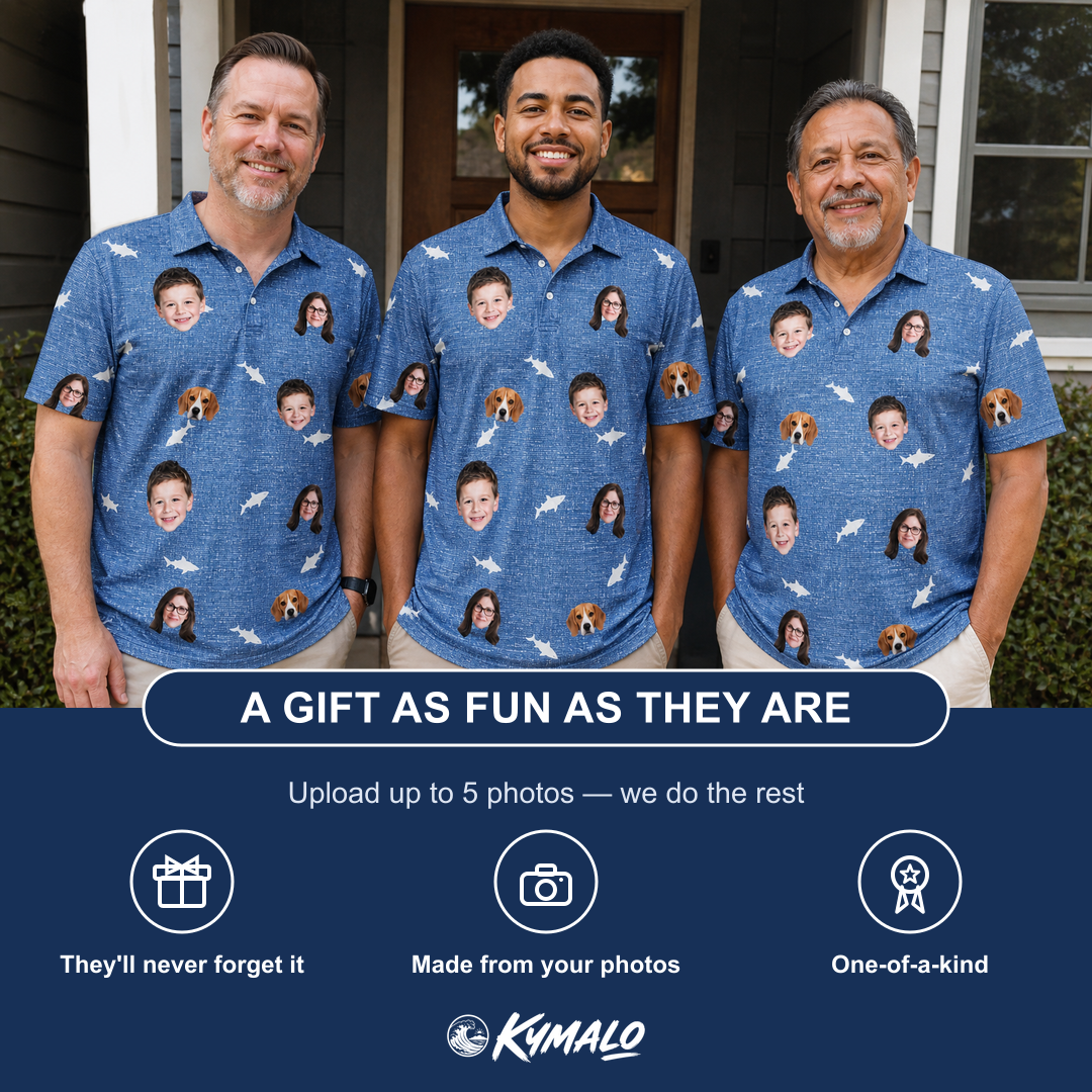Friends in matching Men's Mako Minnows Custom Face Polo Shirt — a group gift photo
