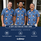 Friends in matching Men's Mako Minnows Custom Face Polo Shirt — a group gift photo