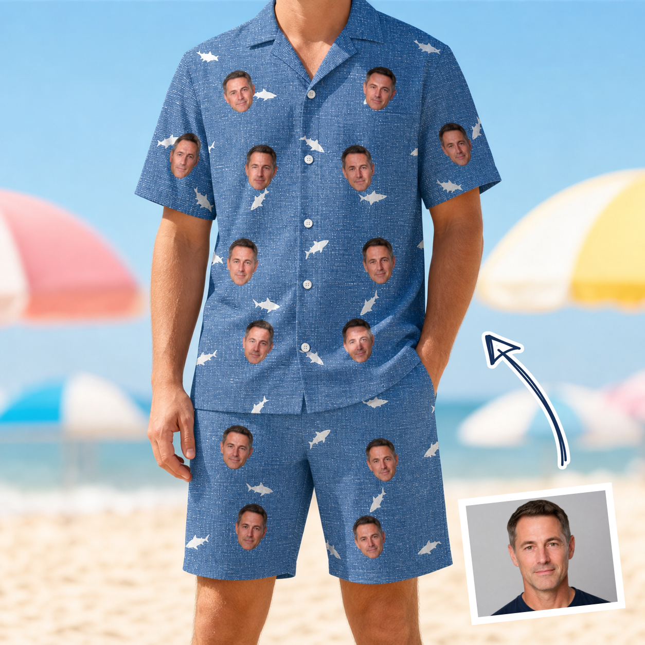 Man wearing Men's Mako Minnows Custom Face Shirt & Shorts Set — custom faces printed all-over