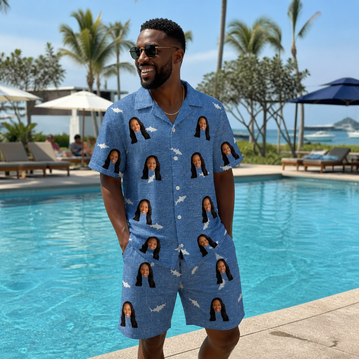 Real-life photo of someone wearing Men's Mako Minnows Custom Face Shirt & Shorts Set — custom faces printed all-over