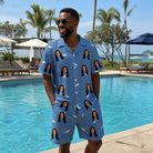 Real-life photo of someone wearing Men's Mako Minnows Custom Face Shirt & Shorts Set — custom faces printed all-over