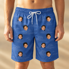 Model wearing Men's Briny Bliss Custom Face Beach Shorts printed with kids' faces