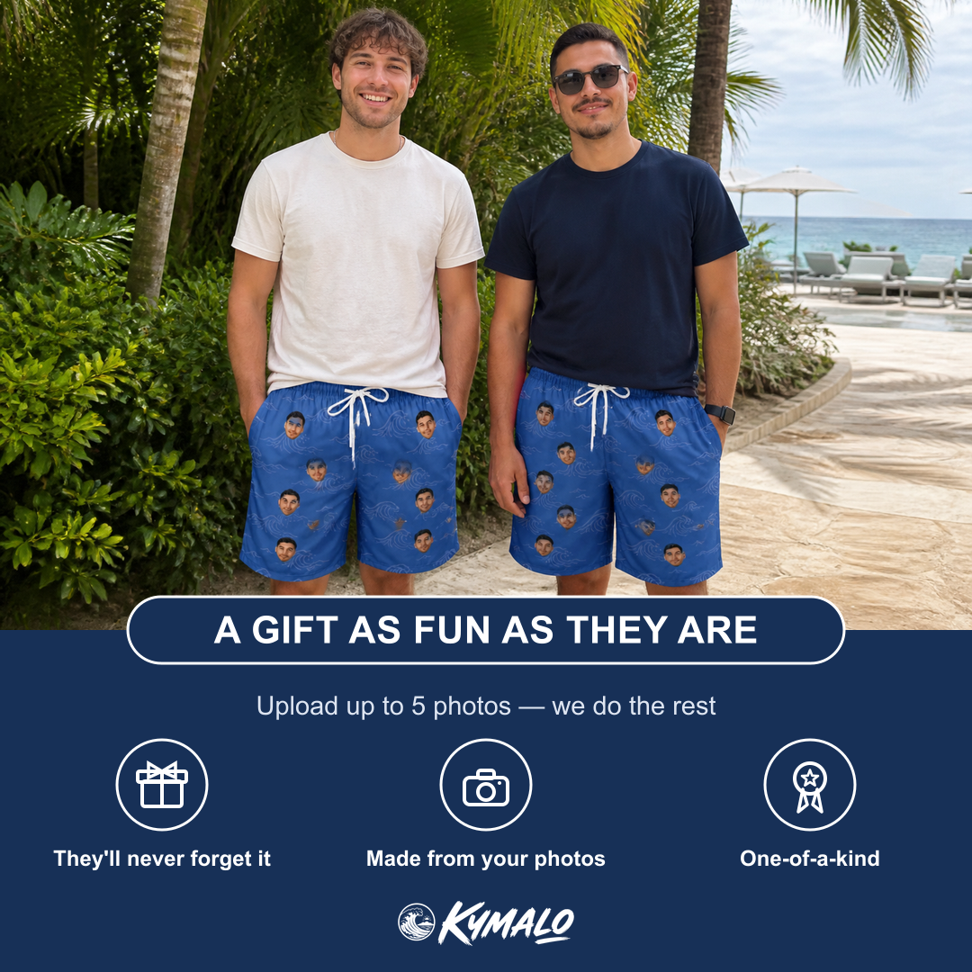Friends in matching Men's Briny Bliss Custom Face Beach Shorts — a group gift photo