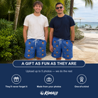 Friends in matching Men's Briny Bliss Custom Face Beach Shorts — a group gift photo