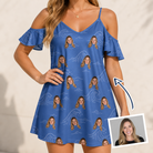 Woman wearing Women's Briny Bliss Custom Face Off-Shoulder Dress — custom faces printed all-over