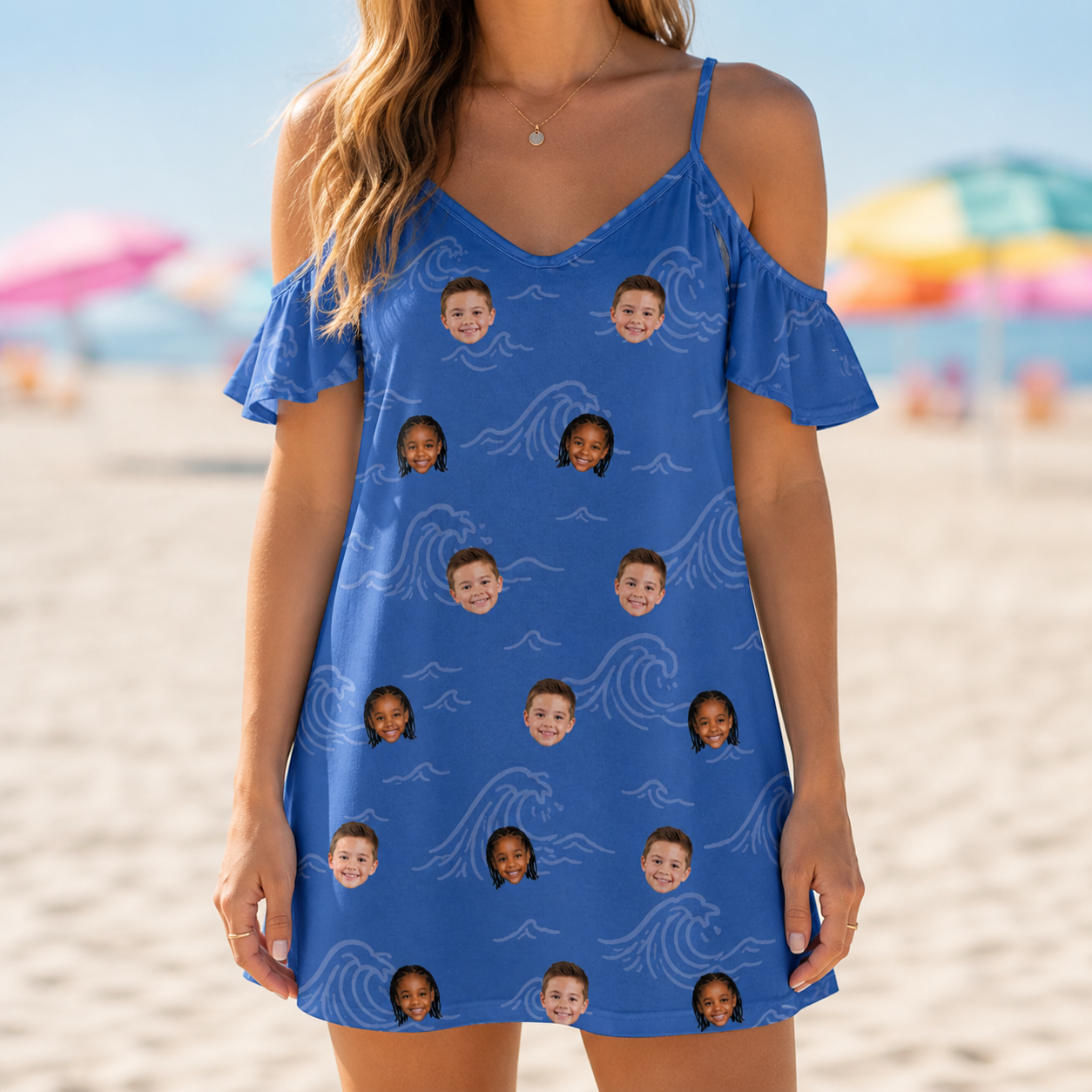 Model wearing Women's Briny Bliss Custom Face Off-Shoulder Dress printed with kids' faces