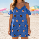 Model wearing Women's Briny Bliss Custom Face Off-Shoulder Dress printed with kids' faces