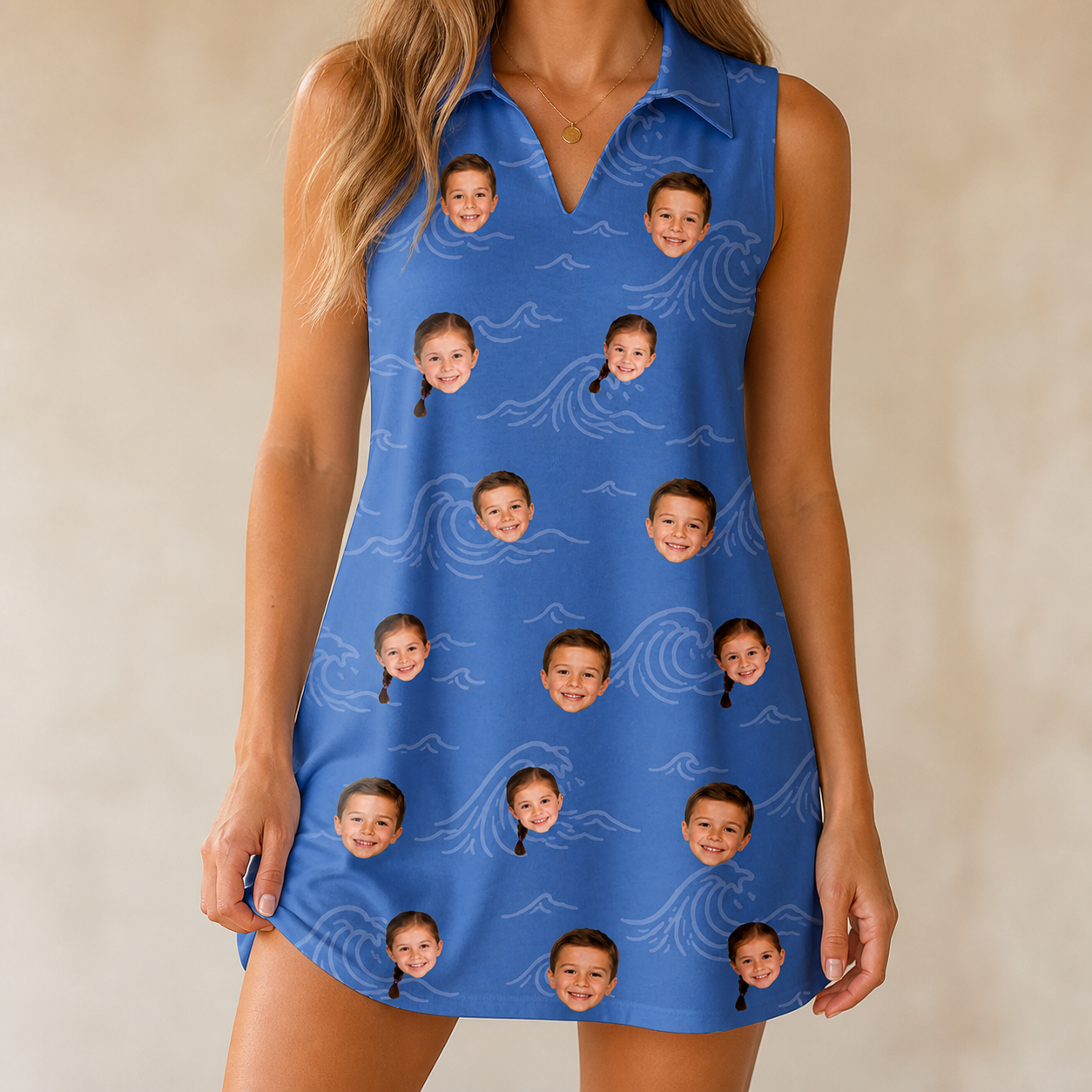 Model wearing Women's Briny Bliss Custom Face V-Neck Dress printed with kids' faces