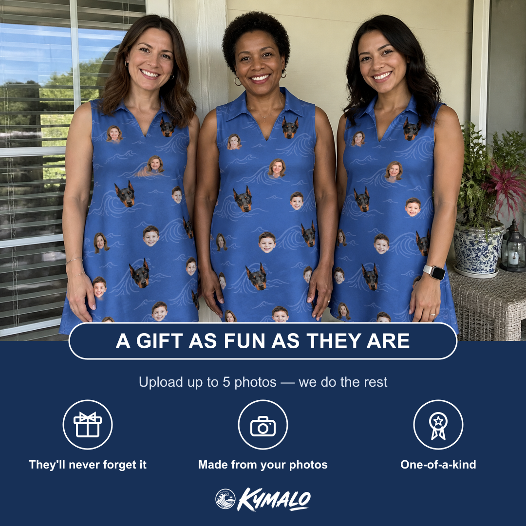 Friends in matching Women's Briny Bliss Custom Face V-Neck Dress — a group gift photo