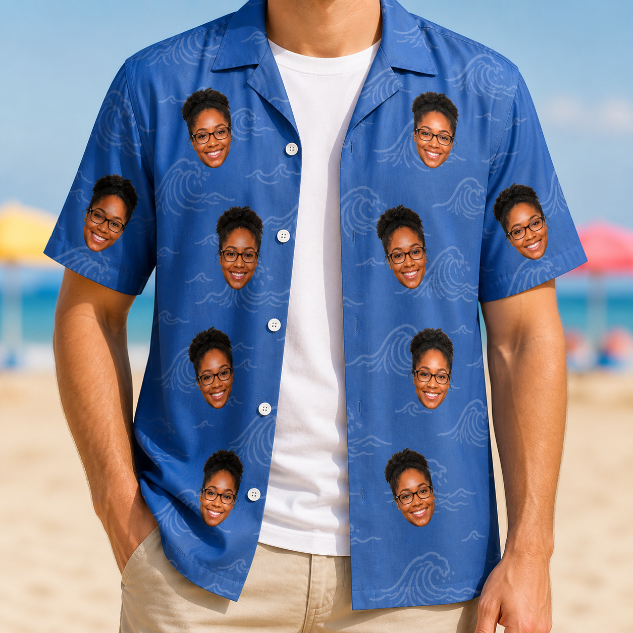 Man wearing Men's Briny Bliss Custom Face Hawaiian Shirt open over a white tee