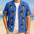 Man wearing Men's Briny Bliss Custom Face Hawaiian Shirt open over a white tee