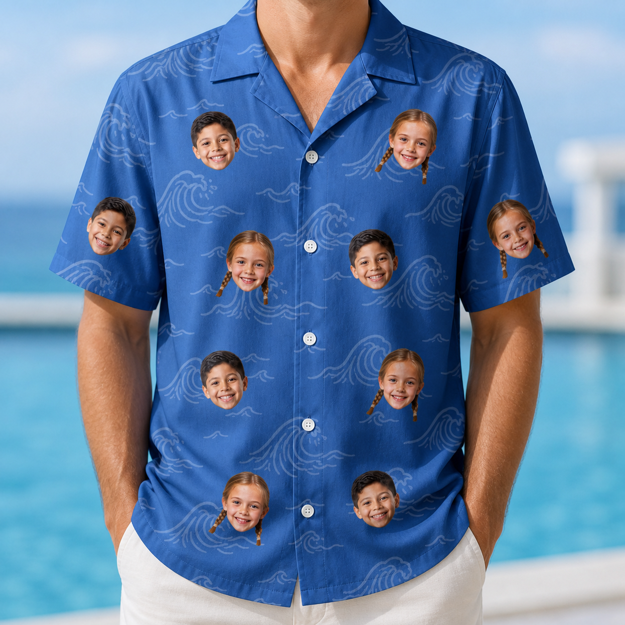 Model wearing Men's Briny Bliss Custom Face Hawaiian Shirt printed with kids' faces