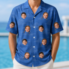 Model wearing Men's Briny Bliss Custom Face Hawaiian Shirt printed with kids' faces
