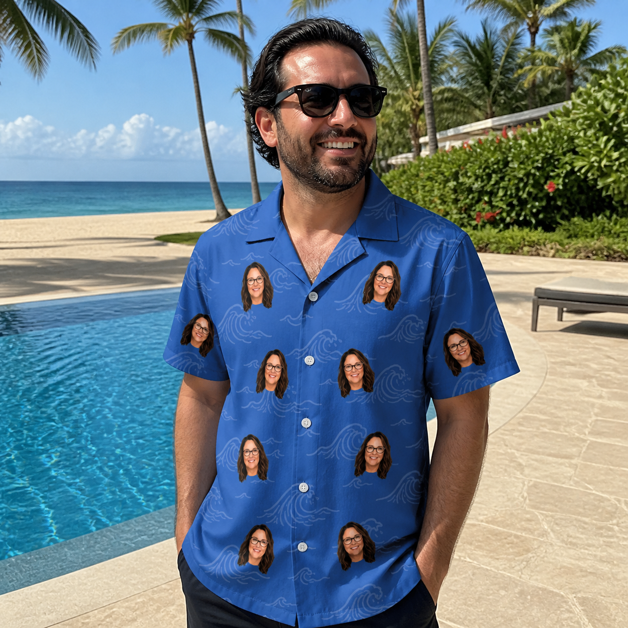 Real-life photo of someone wearing Men's Briny Bliss Custom Face Hawaiian Shirt — custom faces printed all-over