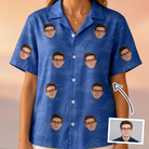 Woman wearing Women's Briny Bliss Custom Face Hawaiian Shirt — custom faces printed all-over