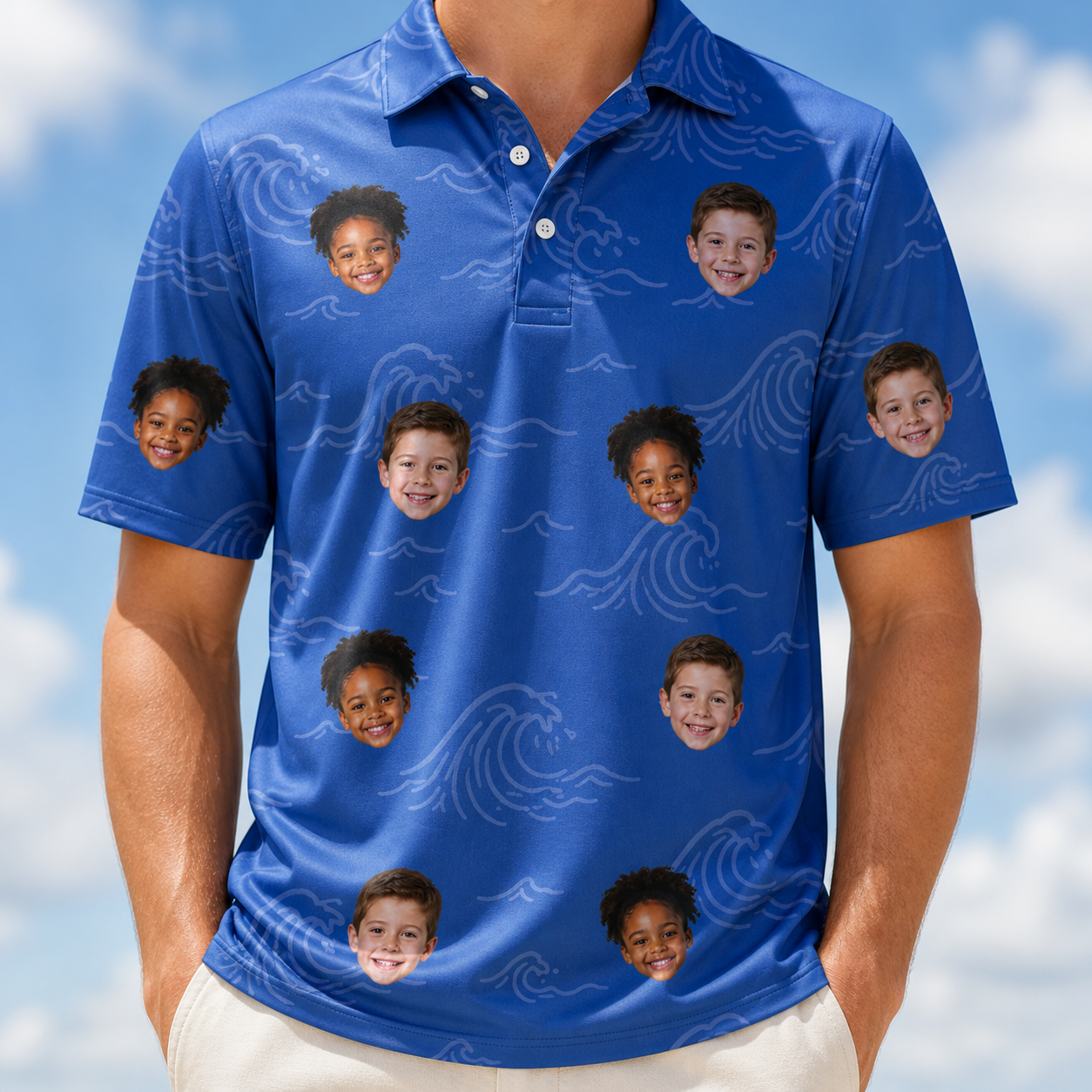 Model wearing Men's Briny Bliss Custom Face Polo Shirt printed with kids' faces