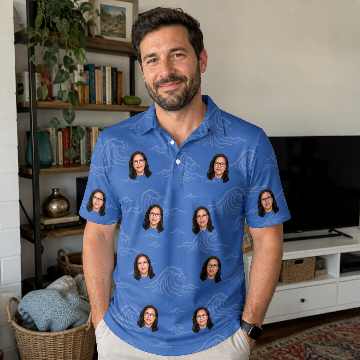 Real-life photo of someone wearing Men's Briny Bliss Custom Face Polo Shirt — custom faces printed all-over