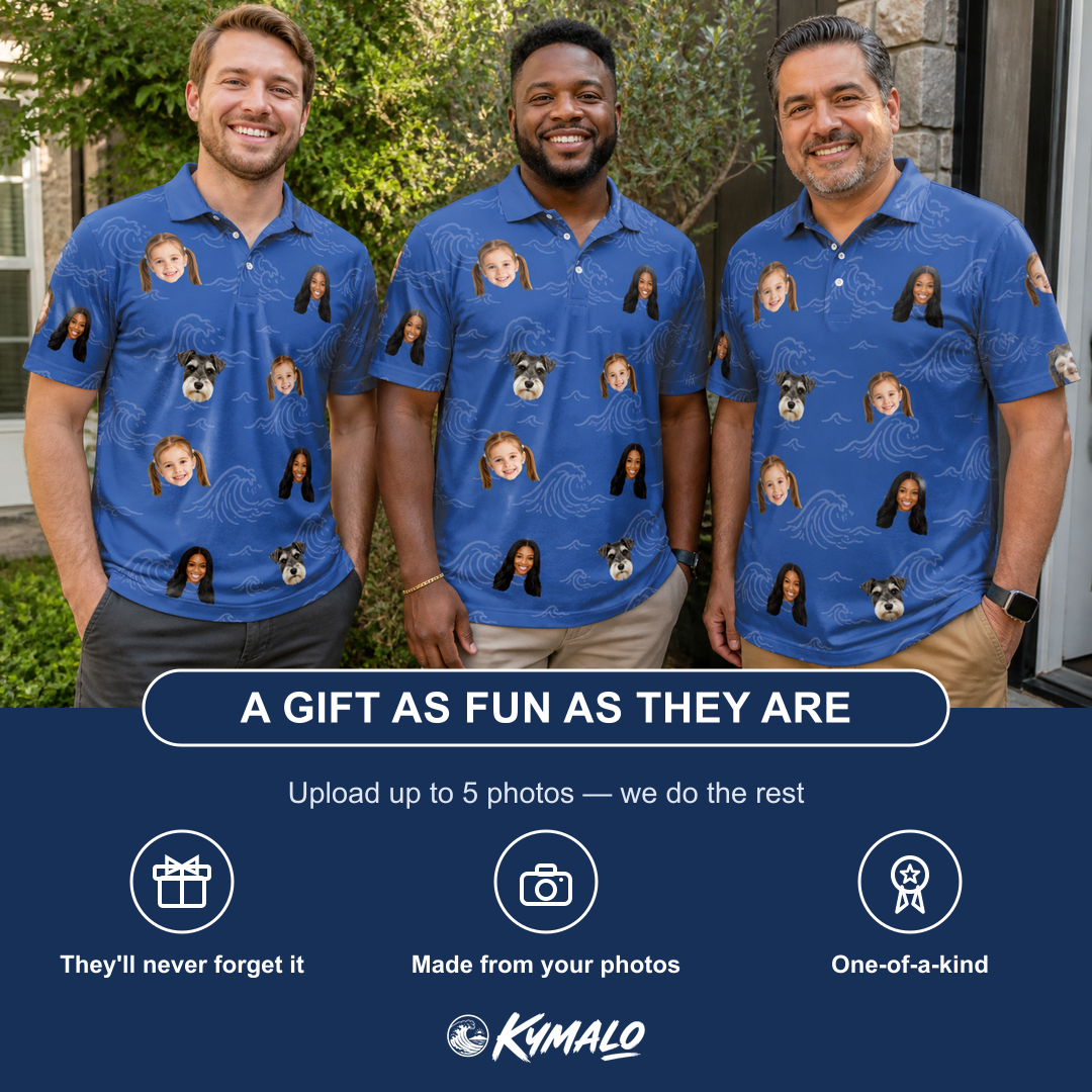 Friends in matching Men's Briny Bliss Custom Face Polo Shirt — a group gift photo