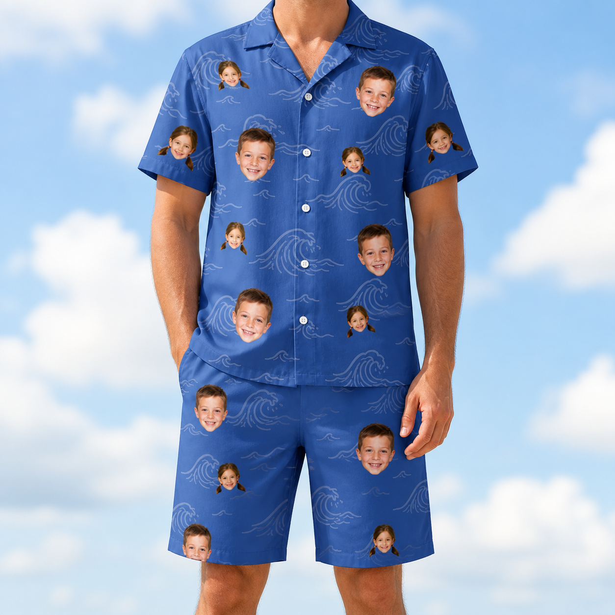 Model wearing Men's Briny Bliss Custom Face Shirt & Shorts Set printed with kids' faces
