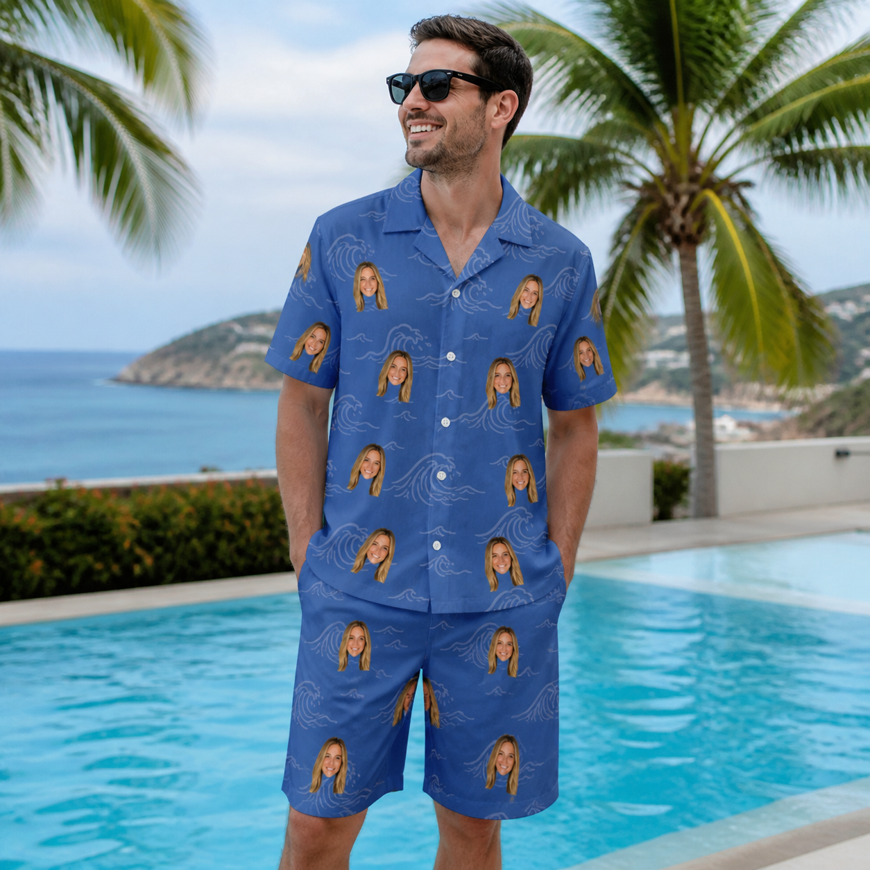 Real-life photo of someone wearing Men's Briny Bliss Custom Face Shirt & Shorts Set — custom faces printed all-over