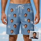 Man wearing Men's Flipper Floats Custom Face Beach Shorts — custom faces printed all-over