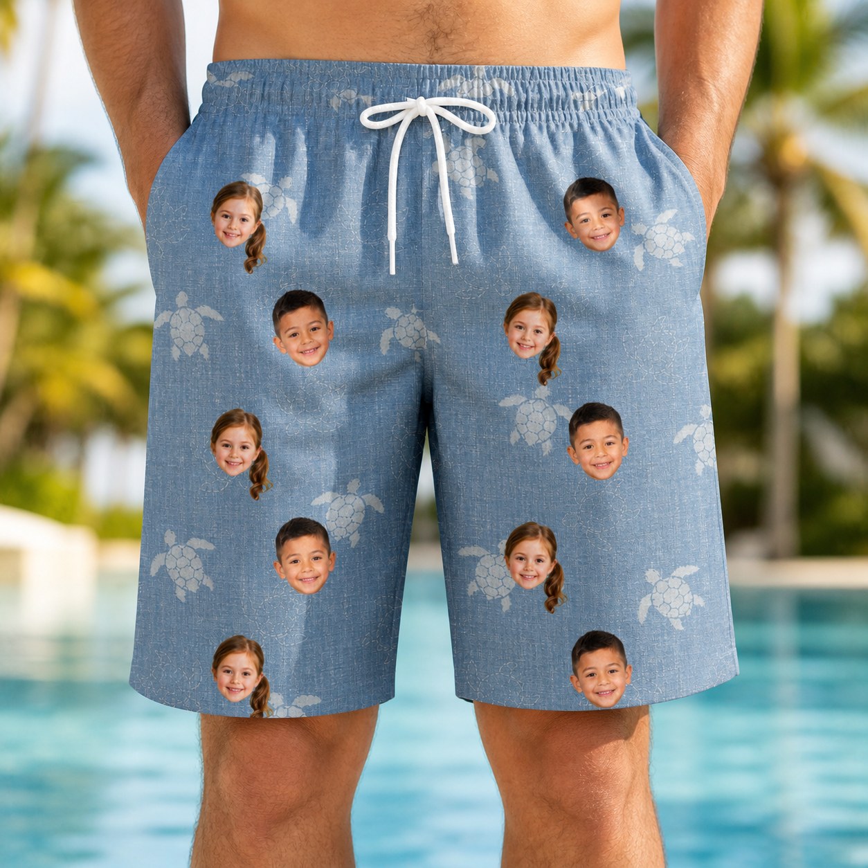 Model wearing Men's Flipper Floats Custom Face Beach Shorts printed with kids' faces