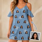 Woman wearing Women's Flipper Floats Custom Face Off-Shoulder Dress — custom faces printed all-over