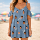 Model wearing Women's Flipper Floats Custom Face Off-Shoulder Dress printed with kids' faces