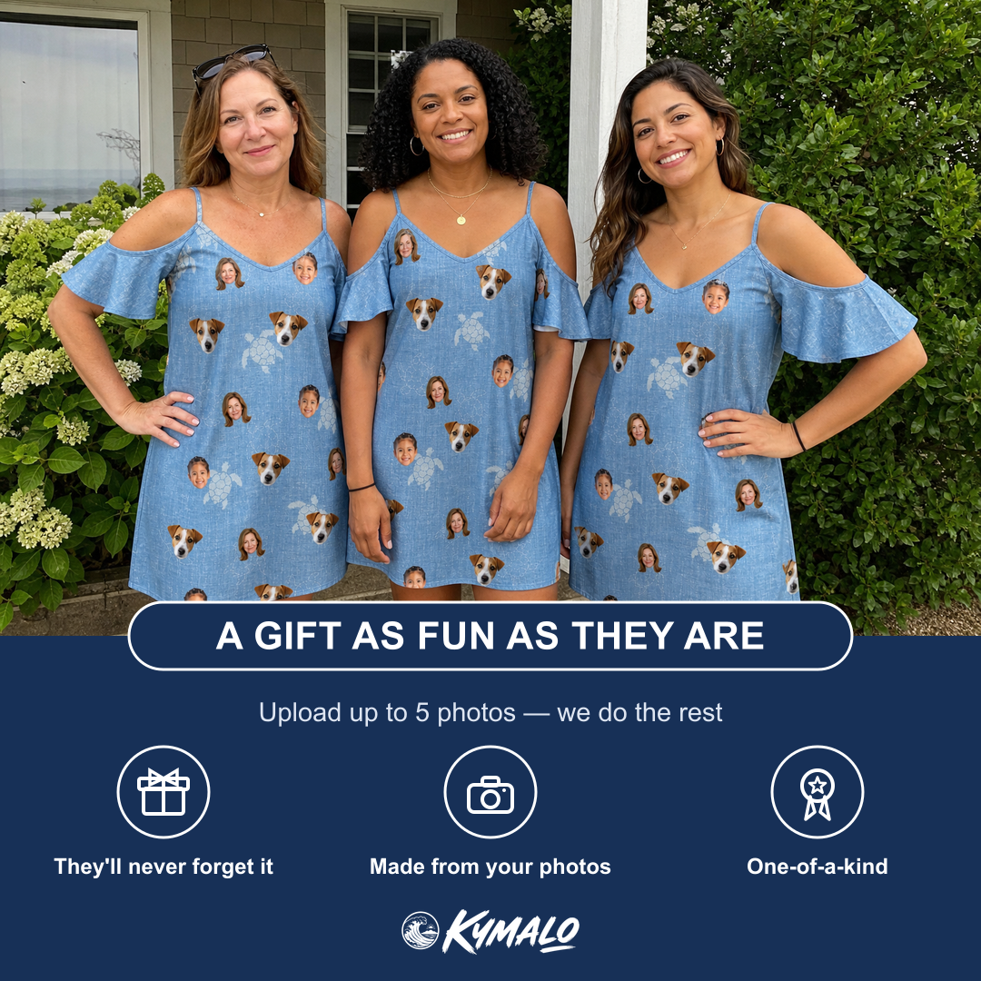Friends in matching Women's Flipper Floats Custom Face Off-Shoulder Dress — a group gift photo