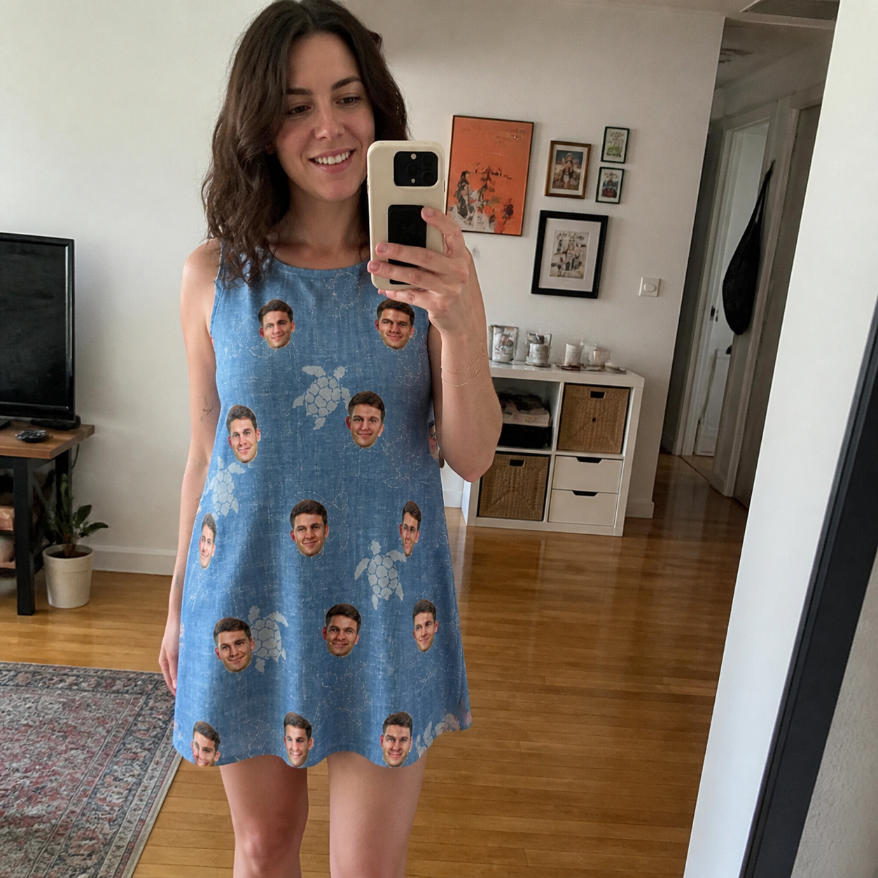 Real-life photo of someone wearing Women's Flipper Floats Custom Face Tank Dress — custom faces printed all-over