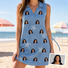 Woman wearing Women's Flipper Floats Custom Face V-Neck Dress — custom faces printed all-over