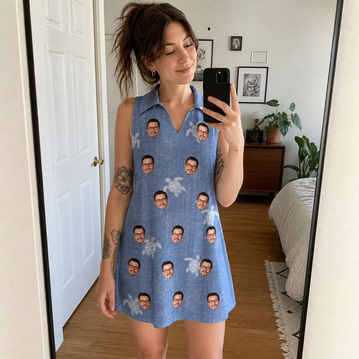 Real-life photo of someone wearing Women's Flipper Floats Custom Face V-Neck Dress — custom faces printed all-over