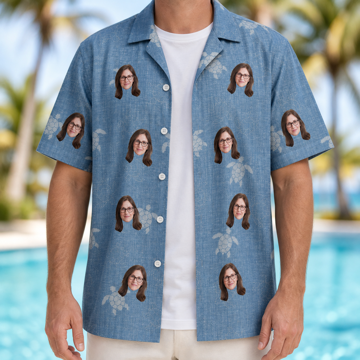 Man wearing Men's Flipper Floats Custom Face Hawaiian Shirt open over a white tee