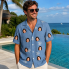 Real-life photo of someone wearing Men's Flipper Floats Custom Face Hawaiian Shirt — custom faces printed all-over