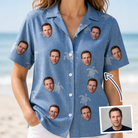 Woman wearing Women's Flipper Floats Custom Face Hawaiian Shirt — custom faces printed all-over