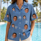 Model wearing Women's Flipper Floats Custom Face Hawaiian Shirt printed with kids' faces