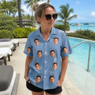Real-life photo of someone wearing Women's Flipper Floats Custom Face Hawaiian Shirt — custom faces printed all-over