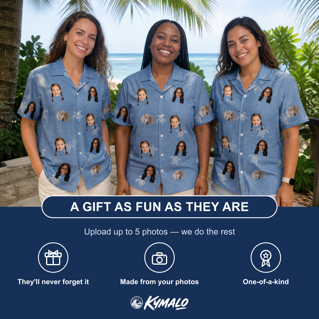 Friends in matching Women's Flipper Floats Custom Face Hawaiian Shirt — a group gift photo