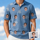 Man wearing Men's Flipper Floats Custom Face Polo Shirt — custom faces printed all-over