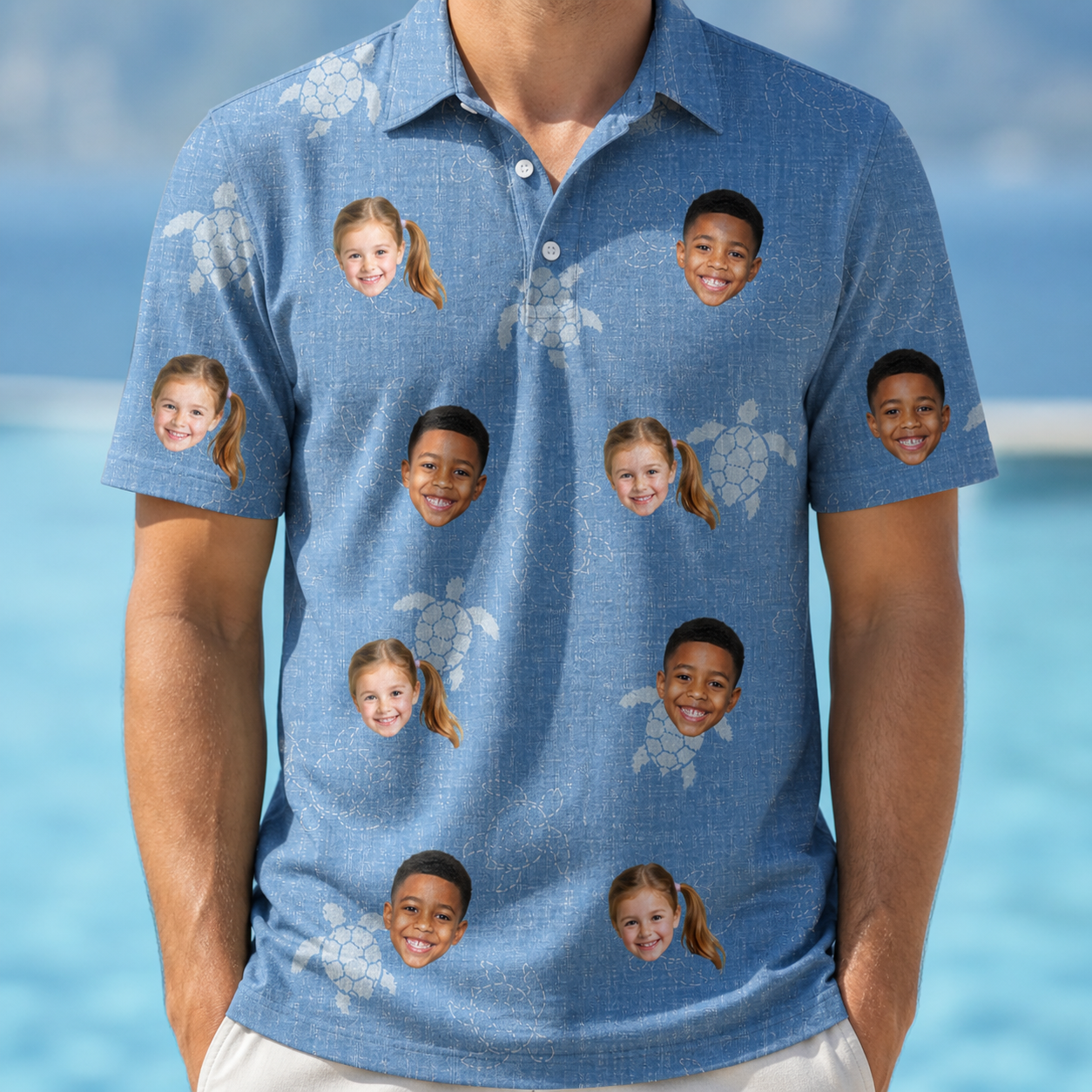 Model wearing Men's Flipper Floats Custom Face Polo Shirt printed with kids' faces